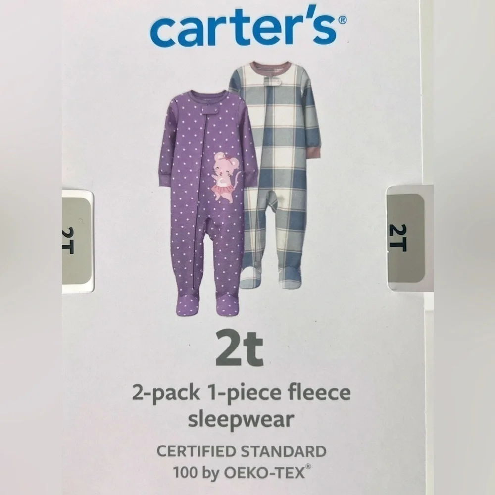 CARTER'S 2 Pack - 1 Pc Fleece Sleepwear Purple polka dots Balerina, Plaid - 2T